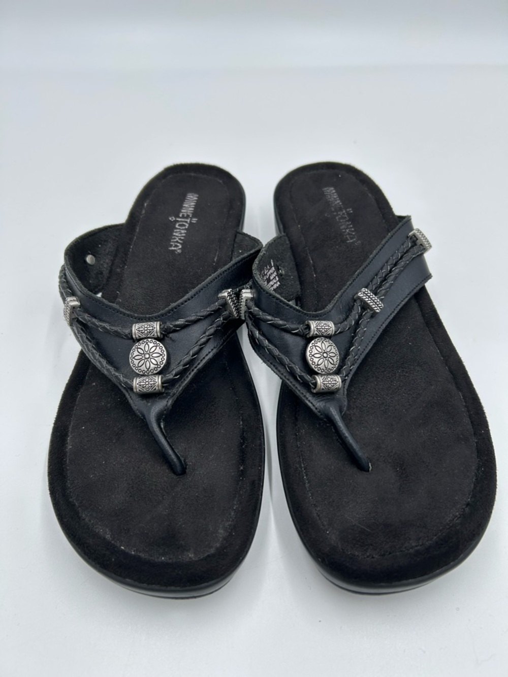 Minnetonka Black Suede Braided Thong Sandals with Silver Medallions 9